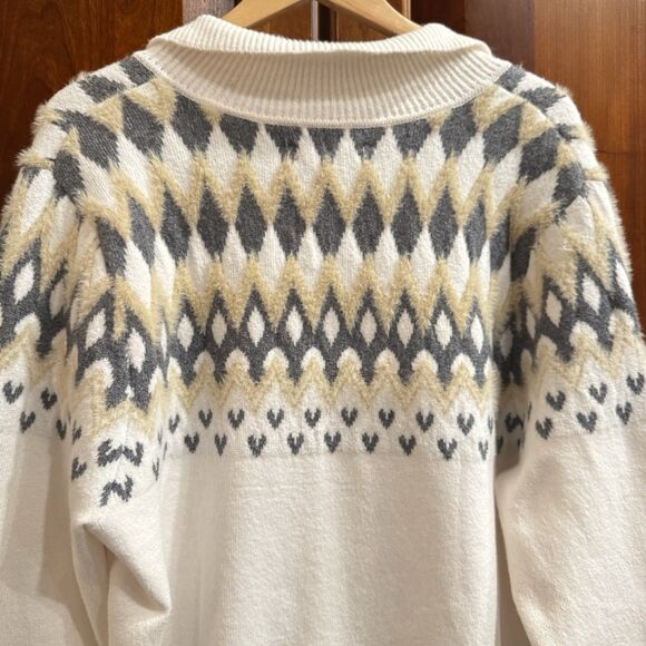 Loft Cream Nordic Fair Isle Collared Split Neck Soft & Cozy Sweater XL - Picture 12 of 16